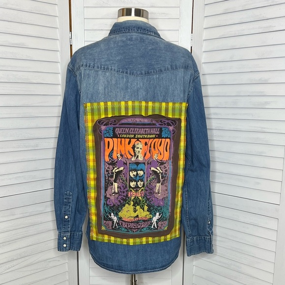 80s Pink Floyd Colorful Denim Band Tee Graphic Neon Plaid Shirt Retro Vintage - Picture 10 of 11